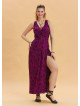 V Neck Slit Detail Patterned Wine Long Dress 4456